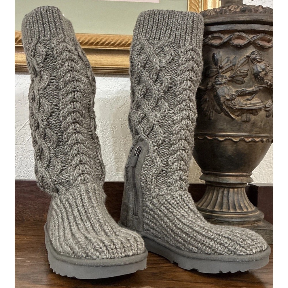 Ugg Cardy Knit Tall Boots Kids Girls Youth Sz 3 Gray Pull On Button Up New
